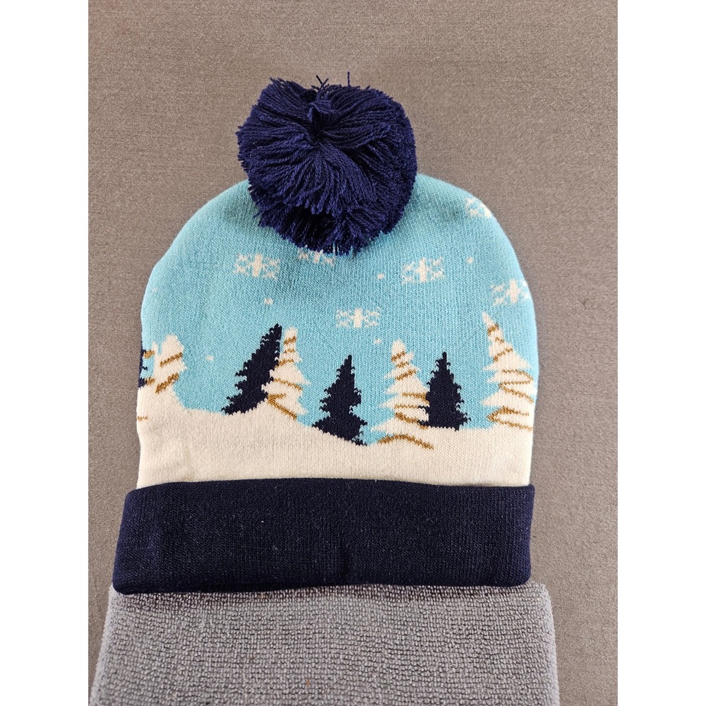 Unbranded Winter Beanie Knit Hat Blue White Snowy Tree Landscape Pom-Pom Cuffed